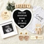 SDDFFS Pregnancy Announcement Props Set, Letter Board, Baby Bodysuit, Booties, Sonogram Frame, Pregnancy Test Box, Wood Blocks, Wooden Sign & Plush Bear for Gender Reveal Coming Soon Baby Announcement Kit