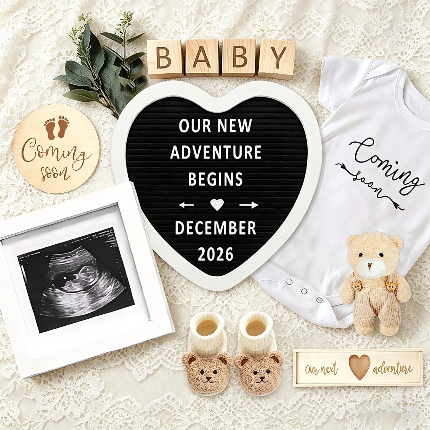 81OY6k5UQ1L._AC_SL1500_ SDDFFS Pregnancy Announcement Props Set, Letter Board, Baby Bodysuit, Booties, Sonogram Frame, Pregnancy Test Box, Wood Blocks, Wooden Sign & Plush Bear for Gender Reveal Coming Soon Baby Announcement Kit - Image 1