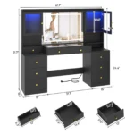 61.7" Large Vanity Desk with Mirror and Lights, Makeup Vanity with Charging Station, Sliding Drawers, 2 Cabinets with Glass Door - Image 15