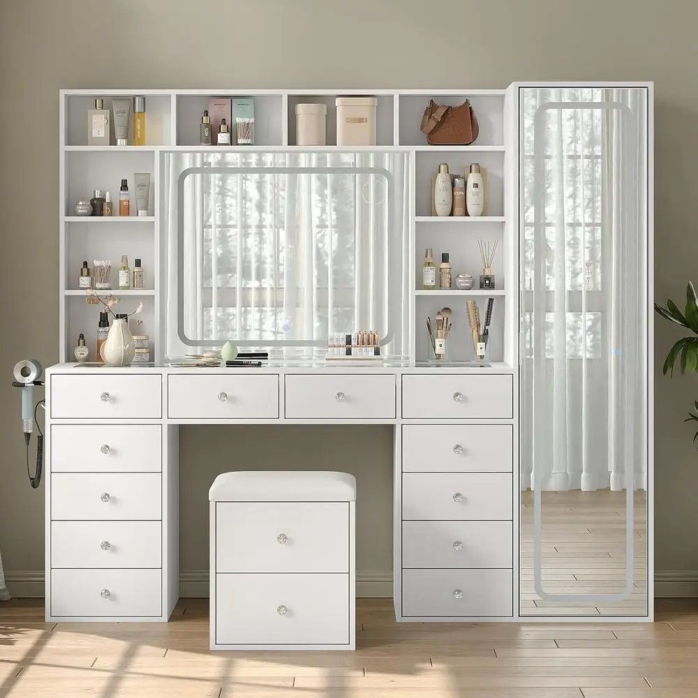 S2da919f77b8d434ca353619c3c109772f.webp LED-Illuminated Makeup Vanity Desk with 14 Drawers, 10 Shelves, and Hidden Storage, White - Image 1