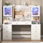 61.7" Large Vanity Desk with Mirror and Lights, Makeup Vanity with Charging Station, Sliding Drawers, 2 Cabinets with Glass Door - Image 2