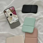 Desktop Makeup Mirror Solid Color PU Leather Simple Portable Handheld Makeup Mirror Foldable Student Compact Cute Pocket Mirror - Image 3